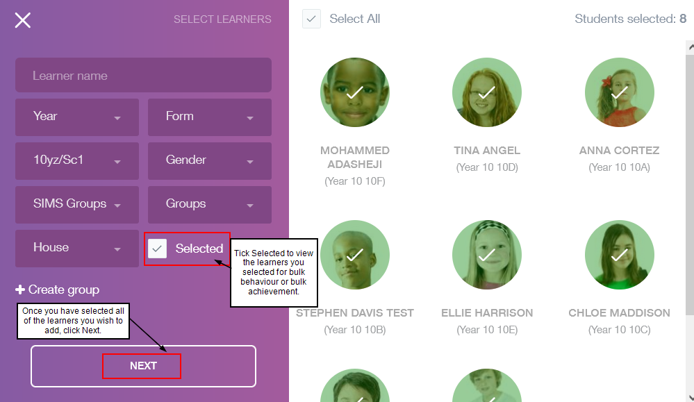 Select the learners and click the selected box