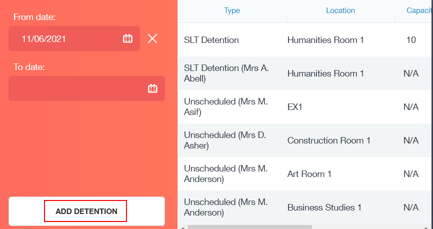 Manage detentions: Adding a detention to the schedule. 