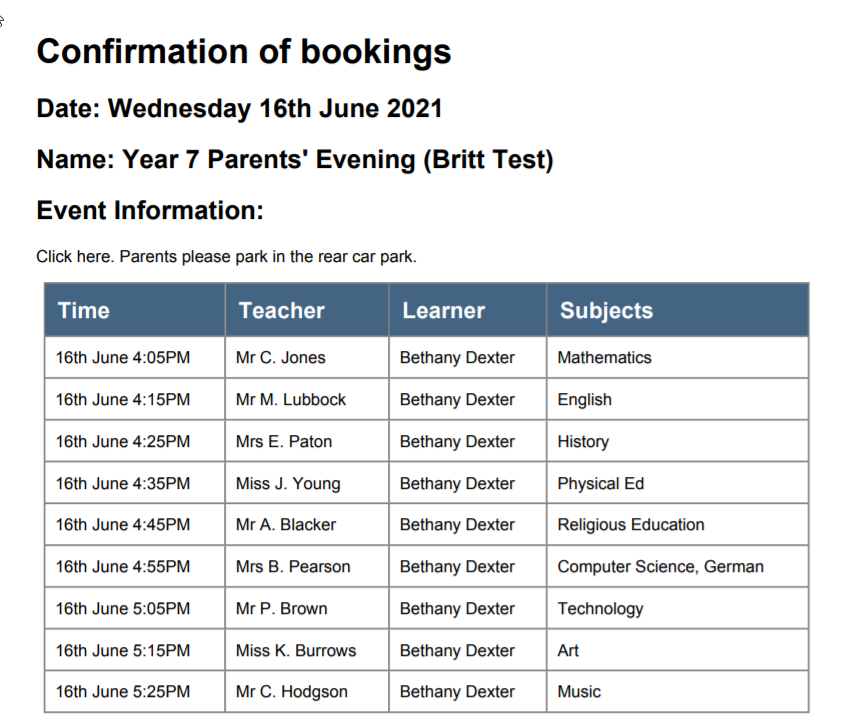 Image of print out of bookings