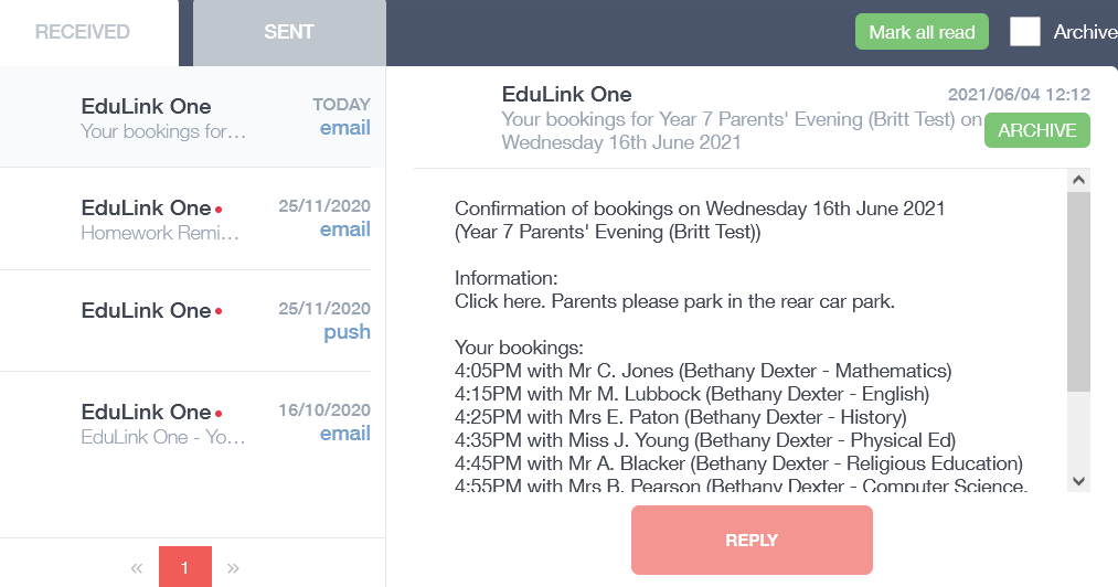 Email view of bookings