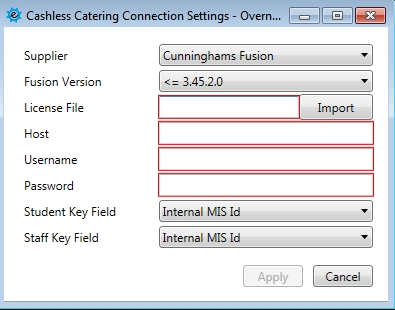 Cashless Catering Connection Settings for Cunninghams Fusion