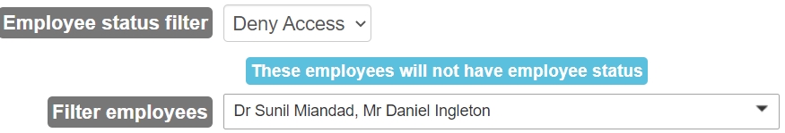 Employee Status filter in the Admin tab. 
