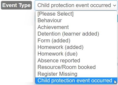 Child protection event occurred event type