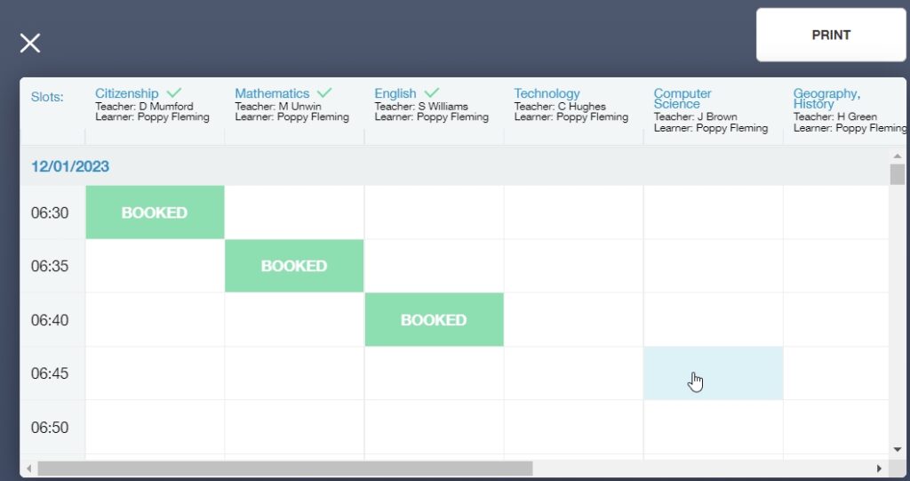 Booking a parent event in the learner's screen